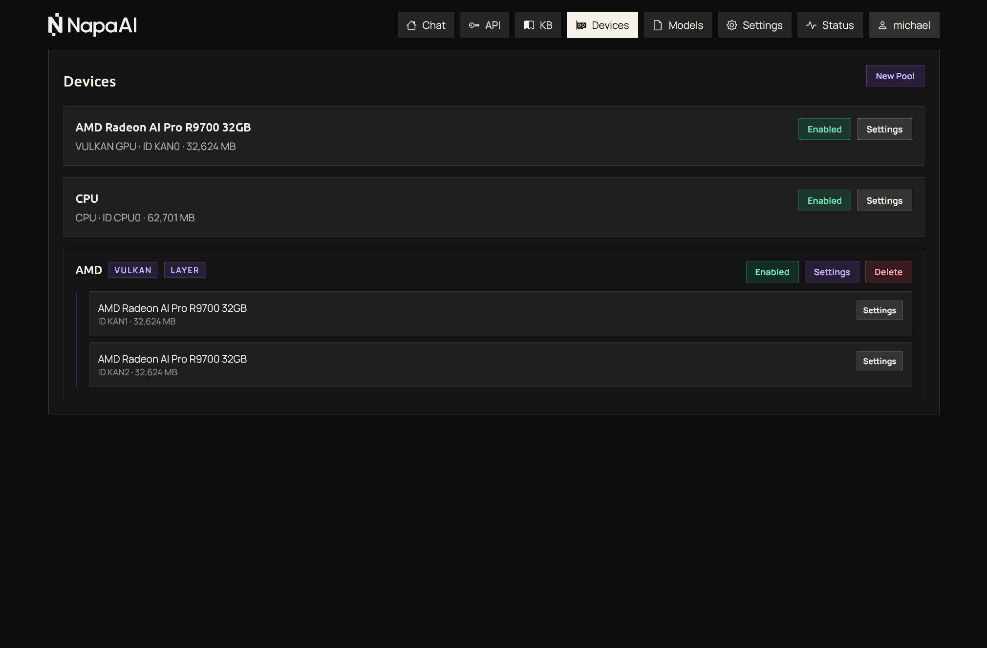 LmPanel devices page screenshot showing GPU and device management
